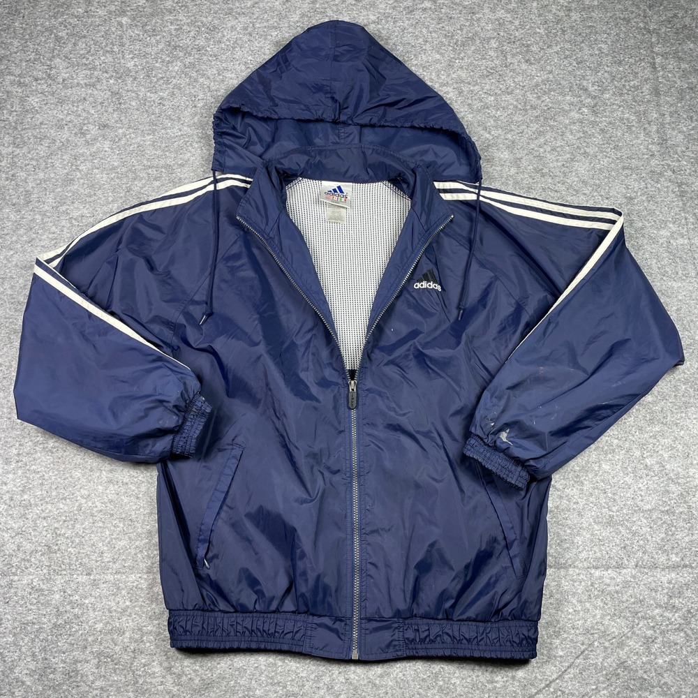 VTG 90s Adidas Windbreaker Jacket Mens L Navy Full Zip Packable Hood Mesh Lined